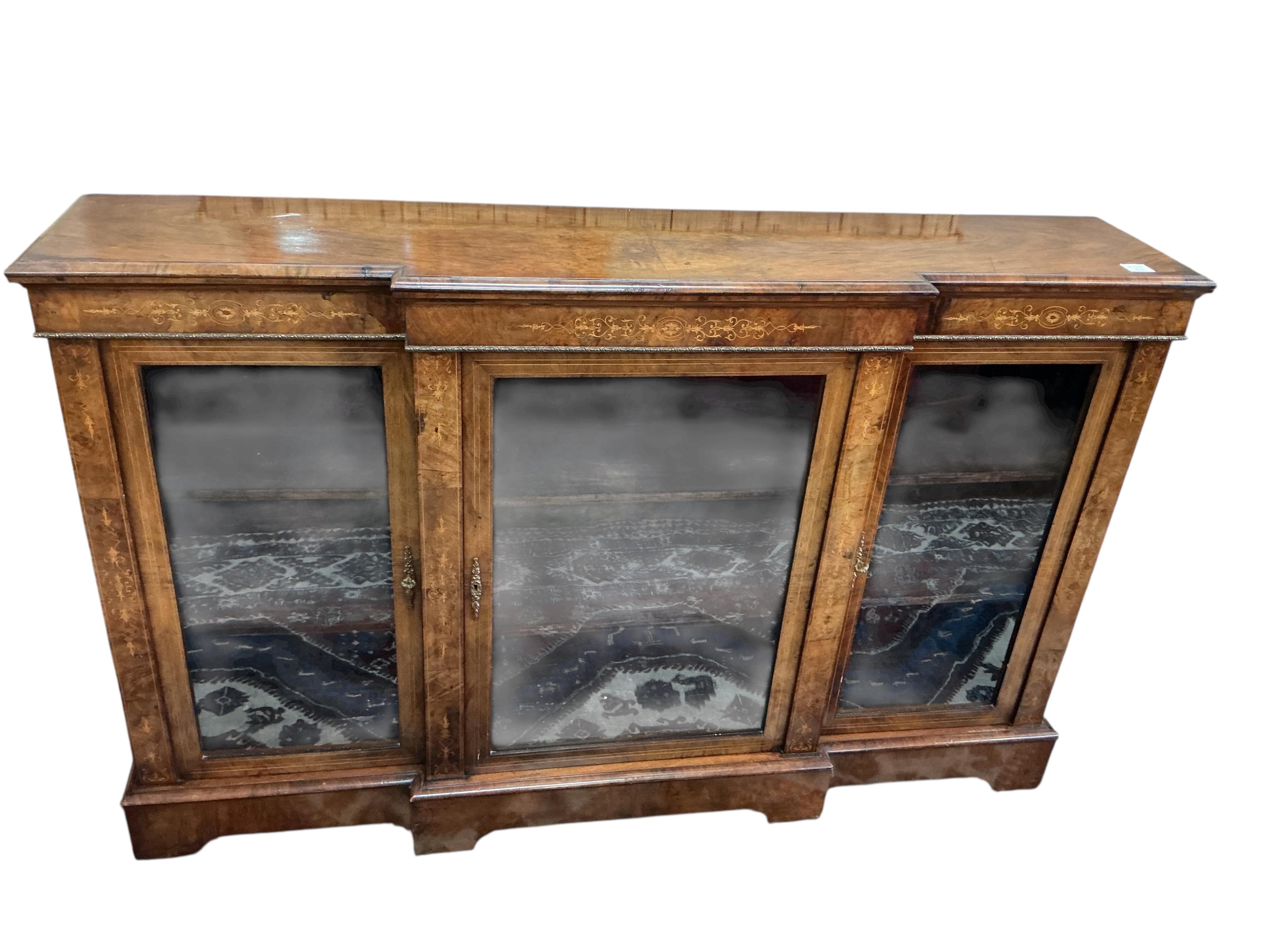 A Victorian gilt metal mounted inlaid walnut breakfront side cabinet, width 164cm, depth 36cm, height 104cm